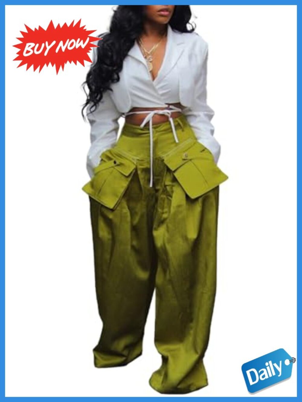 Women's Wide Leg Satin Cargo Pants High Waisted Casual Trousers